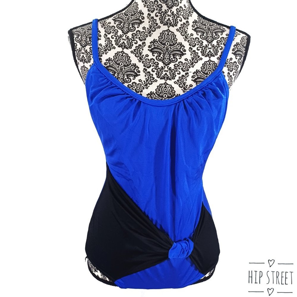 JANTZEN Vintage 2 Color Knotted Hip Band One Piece Swimsuit 14 Fit M